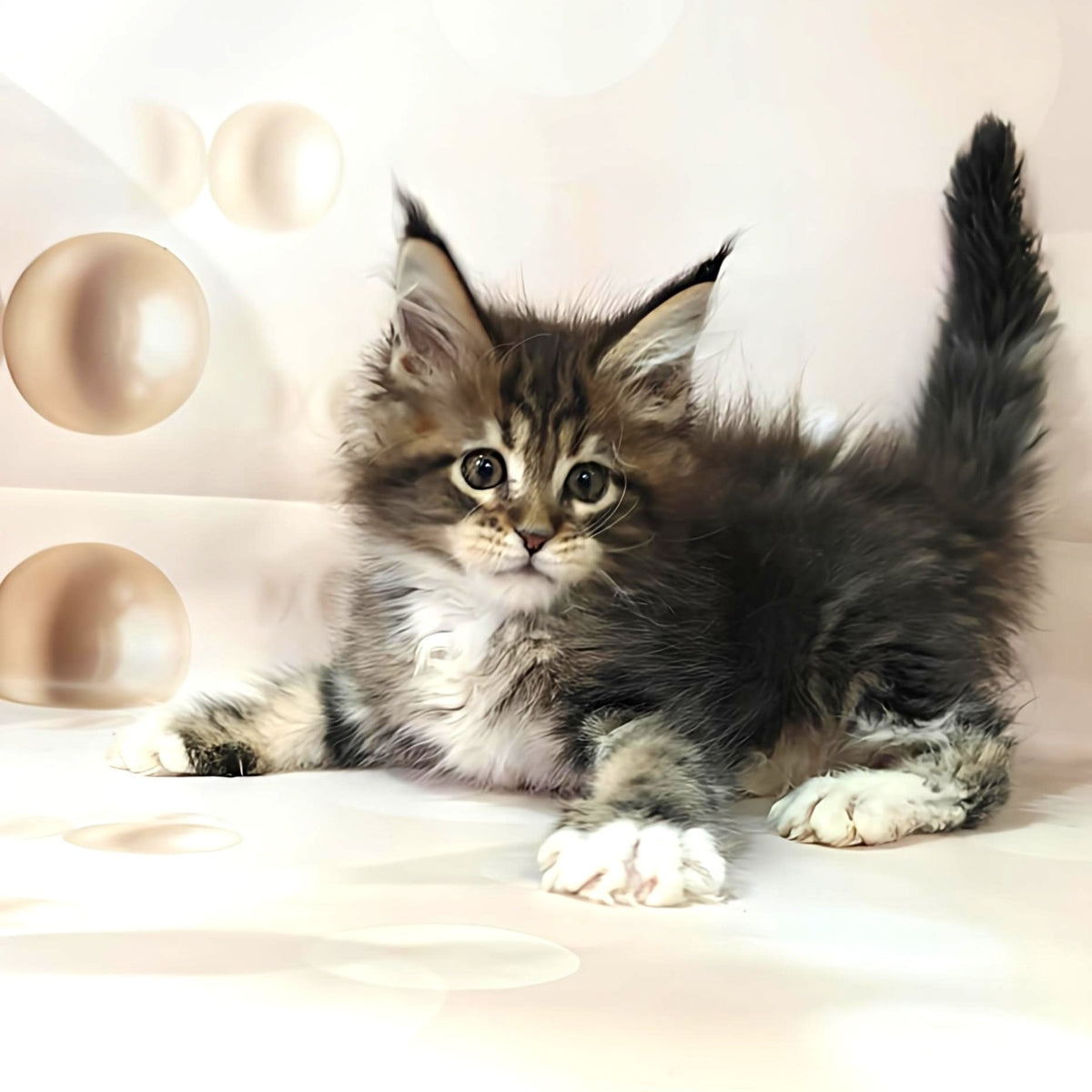 Business Maine Coon female, black tabby with white
