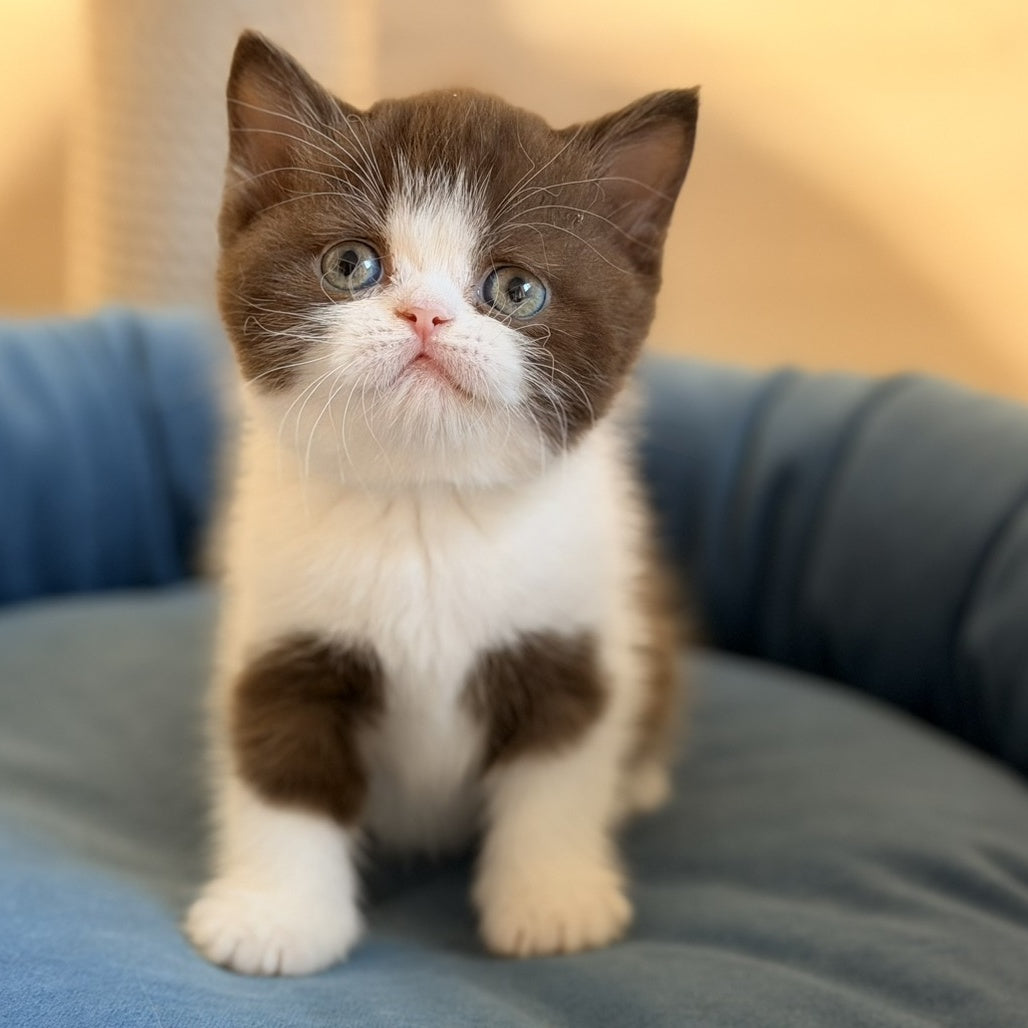 Amy British Shorthair female, chocolate bicolour