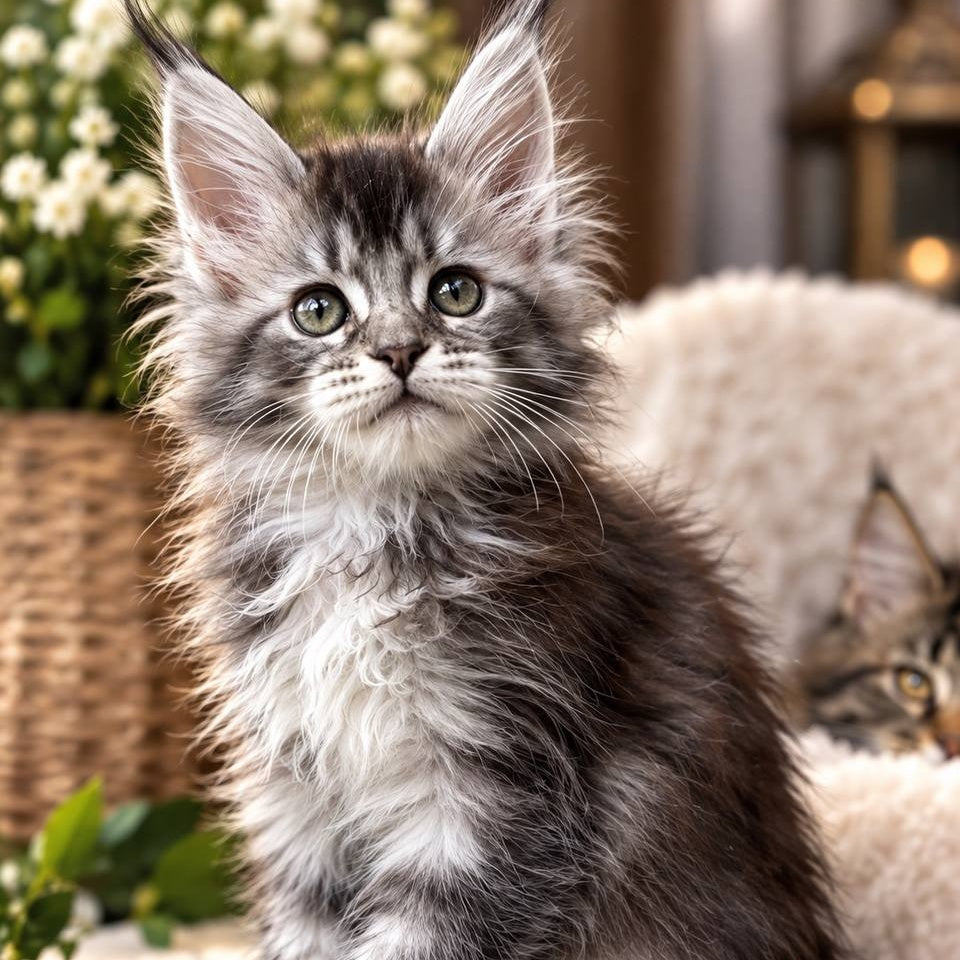Blossom Maine Coon female, black silver tabby