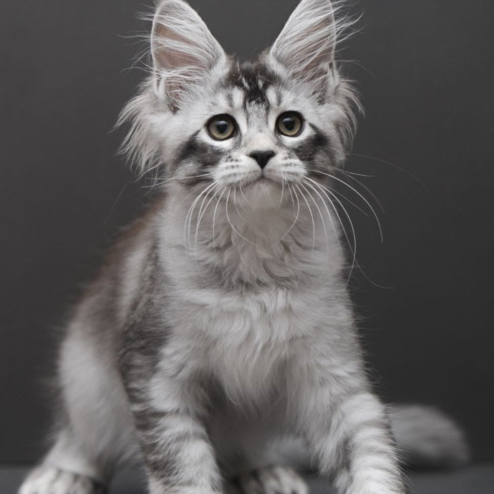 Kalila Maine Coon polydactyl 6x6x6x6 female, black silver ticked tabby
