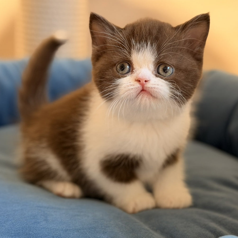 Amy British Shorthair female, chocolate bicolour