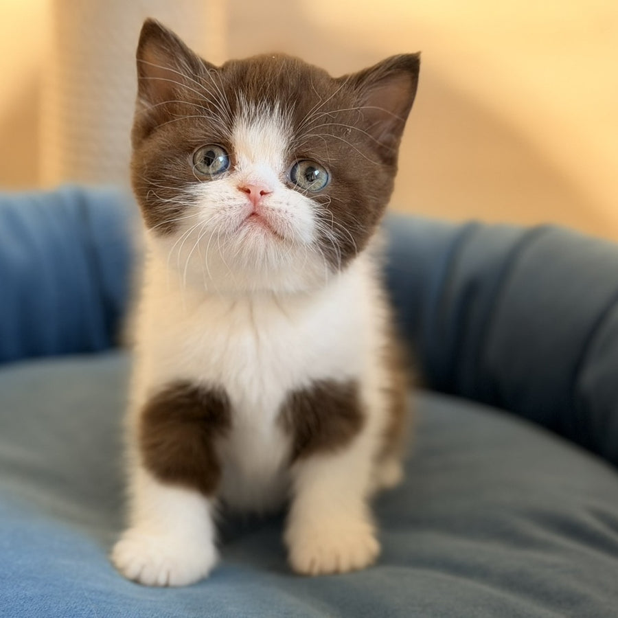 Amy British Shorthair female, chocolate bicolour