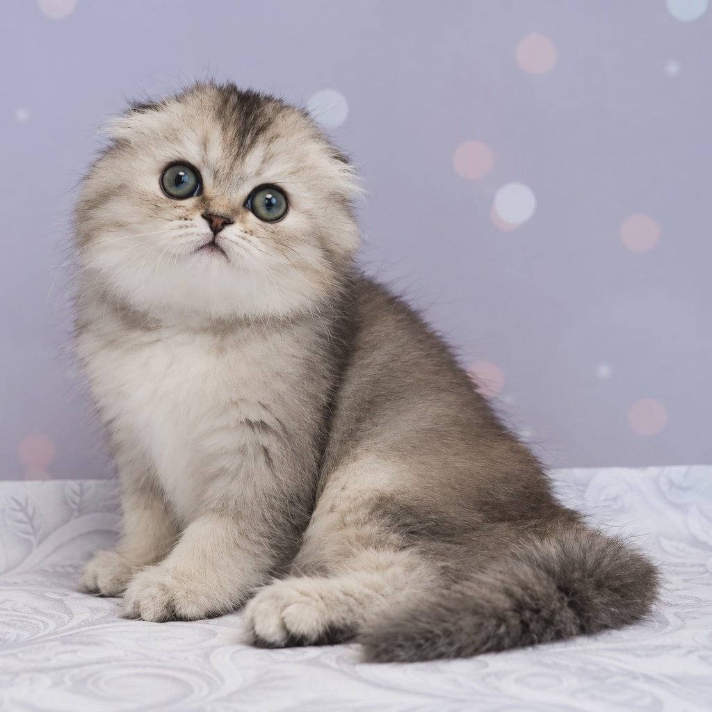 Peony Scottish Fold female, black tortie silver ticked tabby