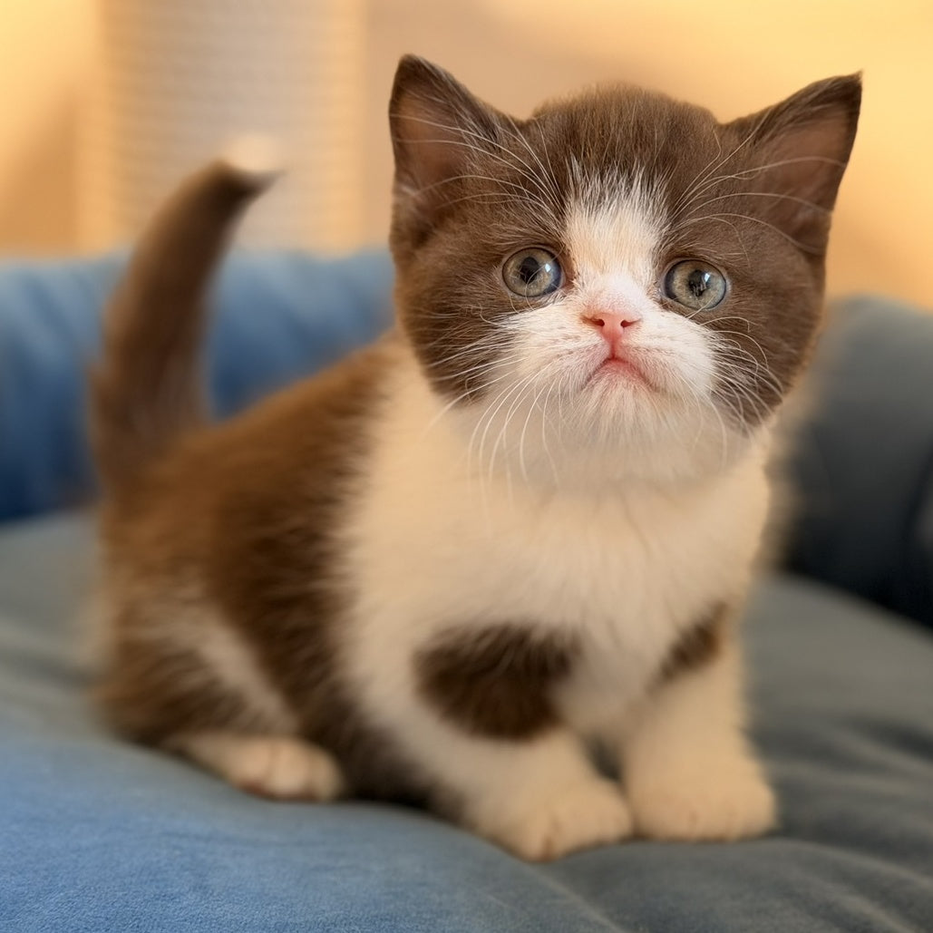 Amy British Shorthair female, chocolate bicolour
